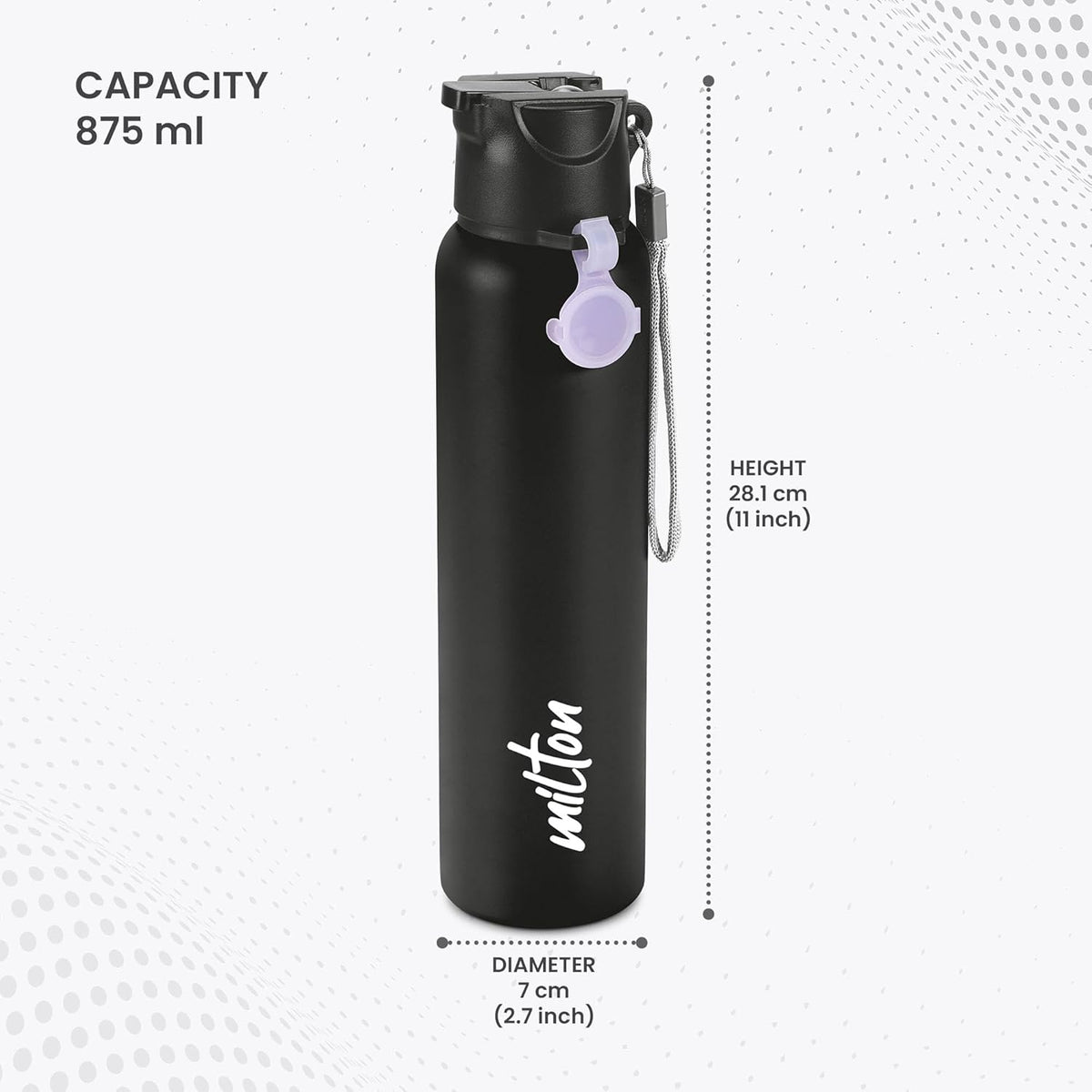 MILTON Sipstar 1000 Stainless Steel Sipper Water Bottle 875 ml, Single Walled, ISI Certified I Leak Proof Lid, Rust Proof I For School, Office, Gym I Black