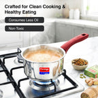 Prestige Platina Popular Stainless Steel Gas and Induction Compatible Sauce Pan with Glass Lid, 140 mm
