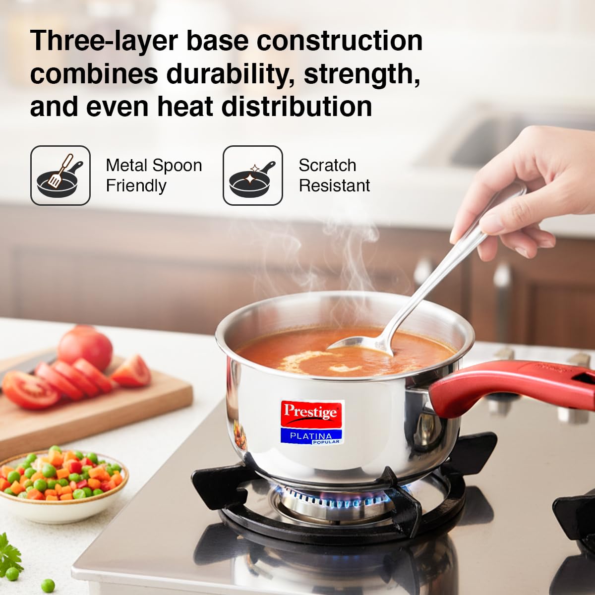 Prestige Platina Popular Stainless Steel Gas and Induction Compatible Sauce Pan with Glass Lid, 140 mm
