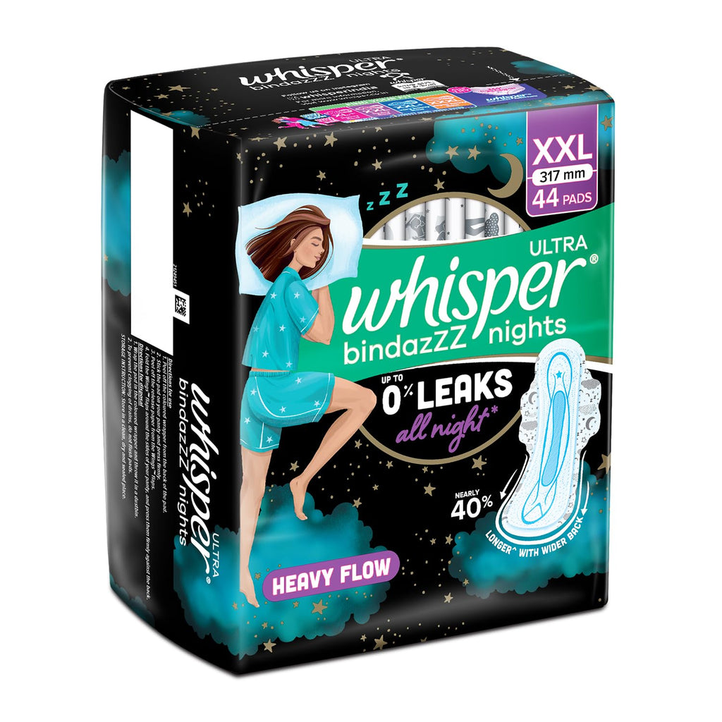 Whisper Bindazzz Nights 44 XXL Sanitary Pads, Upto 0% Leaks All Night Long(Pack of 2)