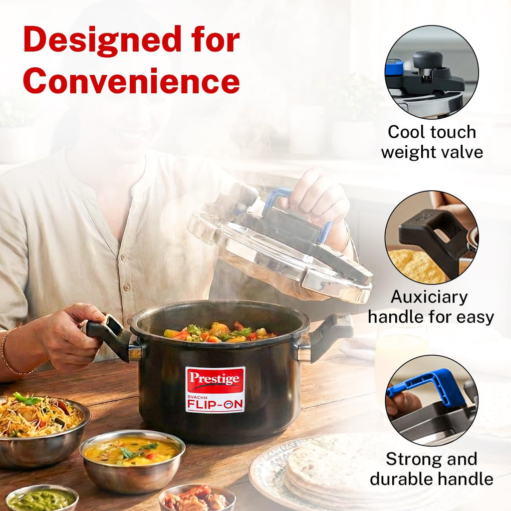 Prestige 5 Litre Hard Anodised Flip On Svachh Outerlid Pressure Cooker with Glass Lid|Deep lid for spillage control|Lid with single hand operation|Gas & Induction Compatible|5 Y warranty|ISI Certified