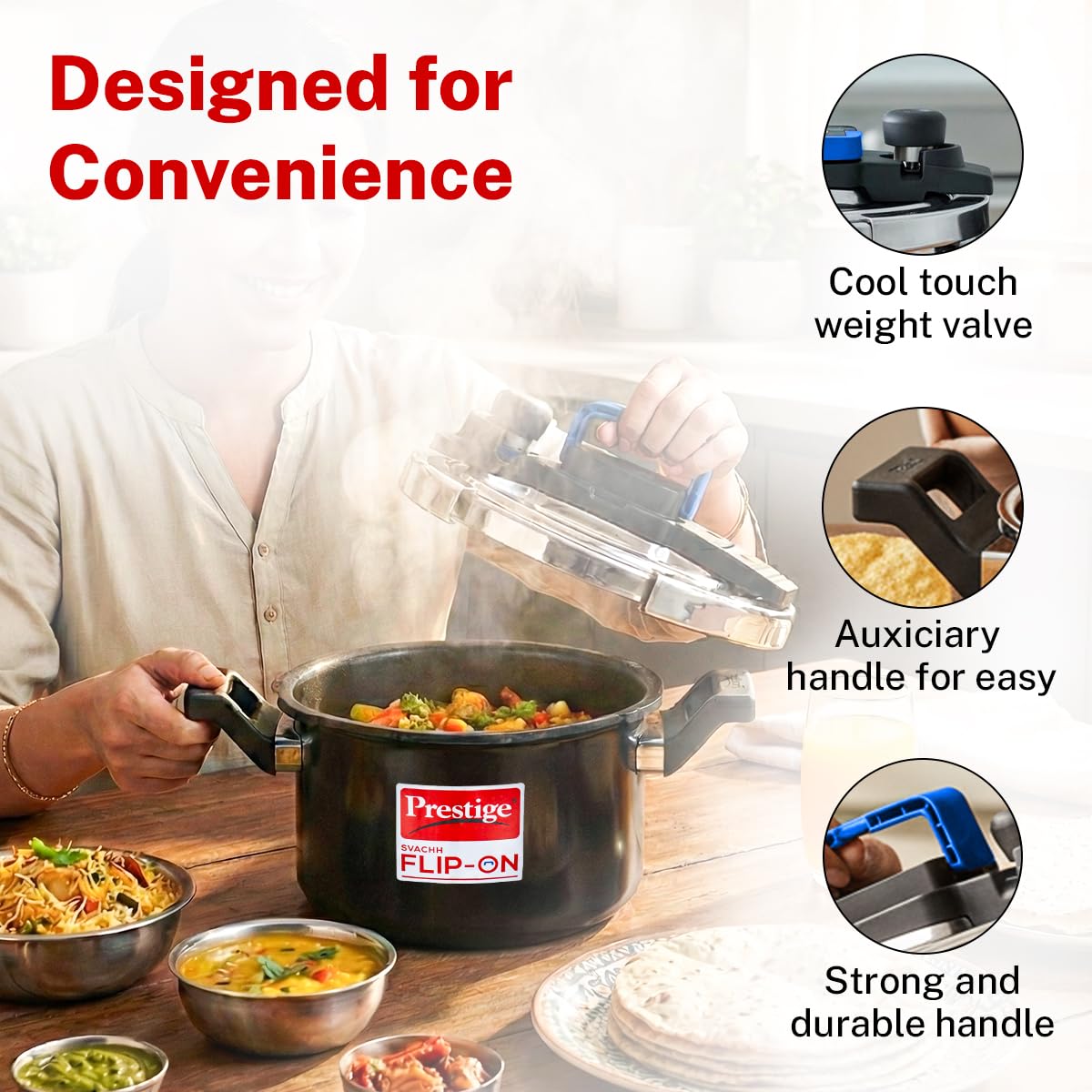 Prestige 5 Litre Hard Anodised Flip On Svachh Outerlid Pressure Cooker with Glass Lid|Deep lid for spillage control|Lid with single hand operation|Gas & Induction Compatible|5 Y warranty|ISI Certified
