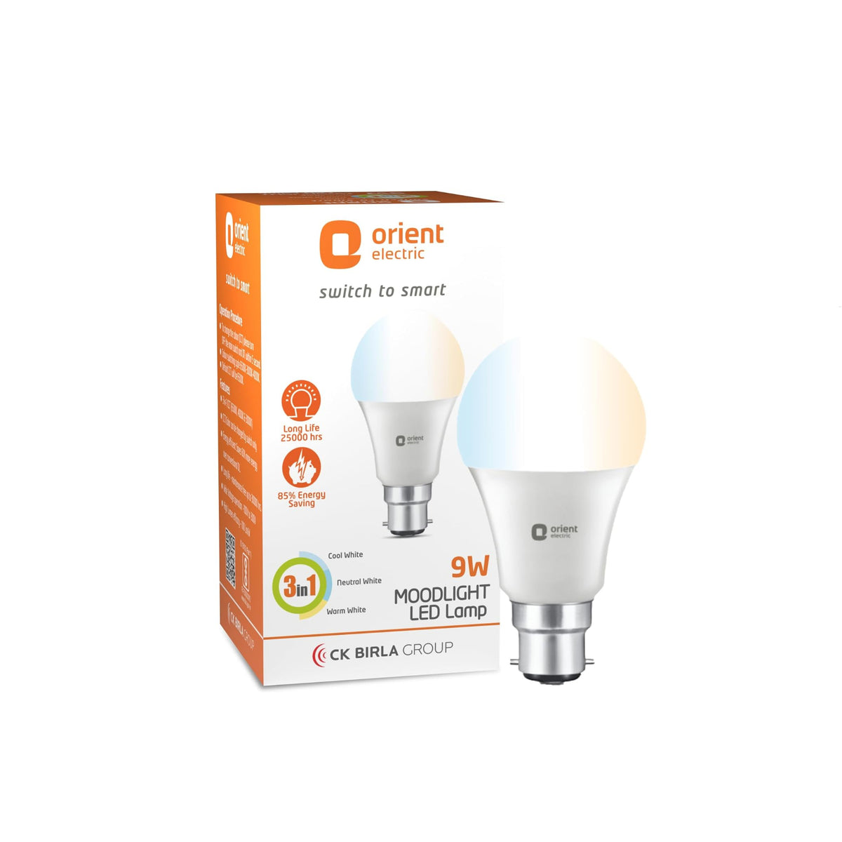 Orient Electric Eternal Shine Moodlight B22 Base, Color Changing 9W LED Bulb, Pack of 1 (White, Warm White, Neutral White)