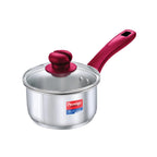Prestige Platina Popular Stainless Steel Gas and Induction Compatible Sauce Pan with Glass Lid, 140 mm