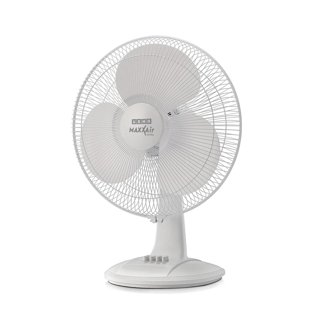 USHA Maxx Air Ultra Table Fan,400MM Sweep Size,1350 RPM,Aerodynamic Blade Design for High Air Delivery,Corrosion Protection with Plastic Blades,3 Speed Settings,100% Copper Motor,2 Year Warranty,White