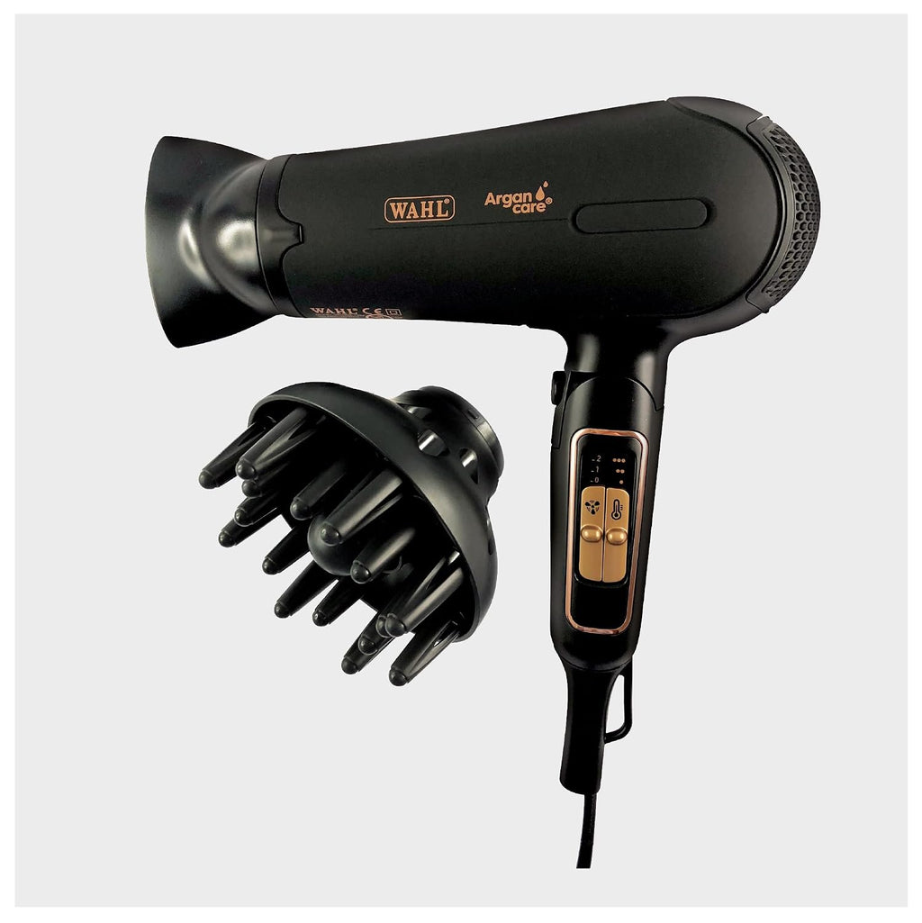 Wahl India WCHD8-1324 Argan Oil Infused Hair Dryer; 3 Heat & 2 Speed Settings; 2200 Watts, 2 attachments- Concentrator and diffuser, Black