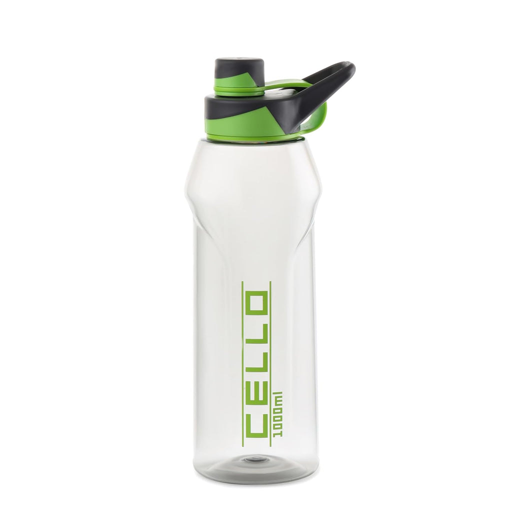 CELLO Fitbe Flip Cap Water Bottle For Daily Use 1000 ml, Black Green | BPA Free, Reusable & Unbreakable Leakproof Lightweight Easy to Carry with Handle PET Water Bottle For Gym Office Indoor & Outdoor