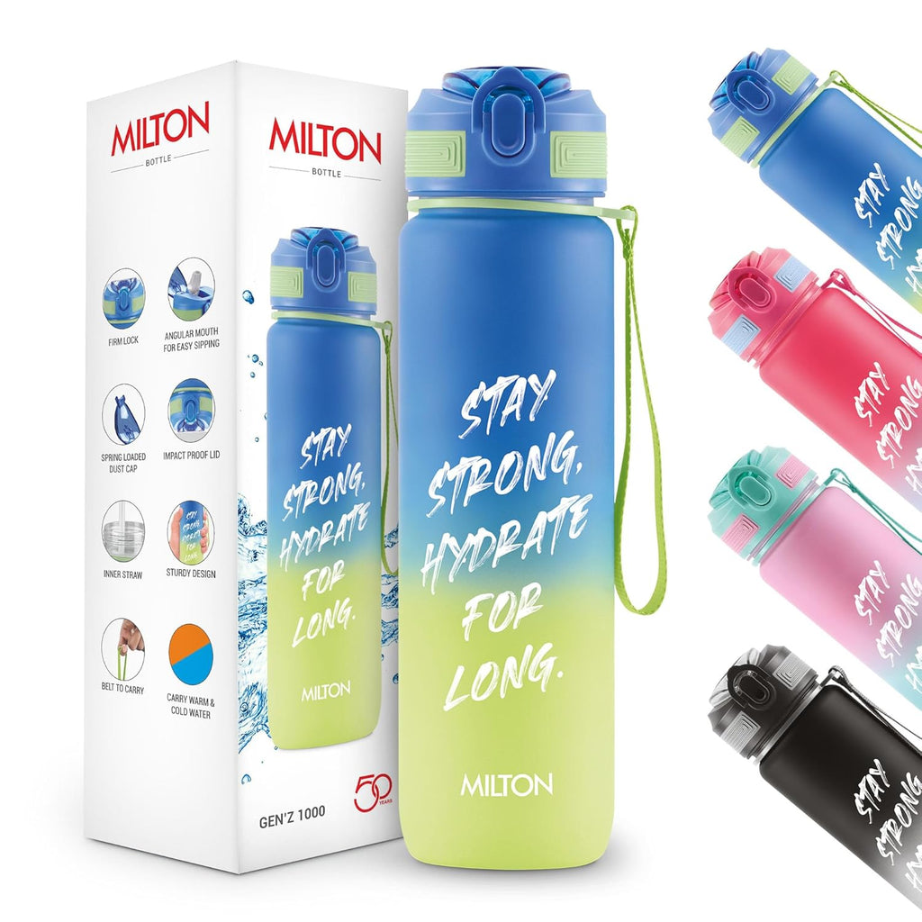 MILTON Gen'Z Water Bottle 1 ltr (Stay Strong), Motivational Water Bottles With Leak Proof Flip-Top Cap & Capacity Mark, Gym Bottle Sipper Water Bottle For Adults, Plastic, Blue
