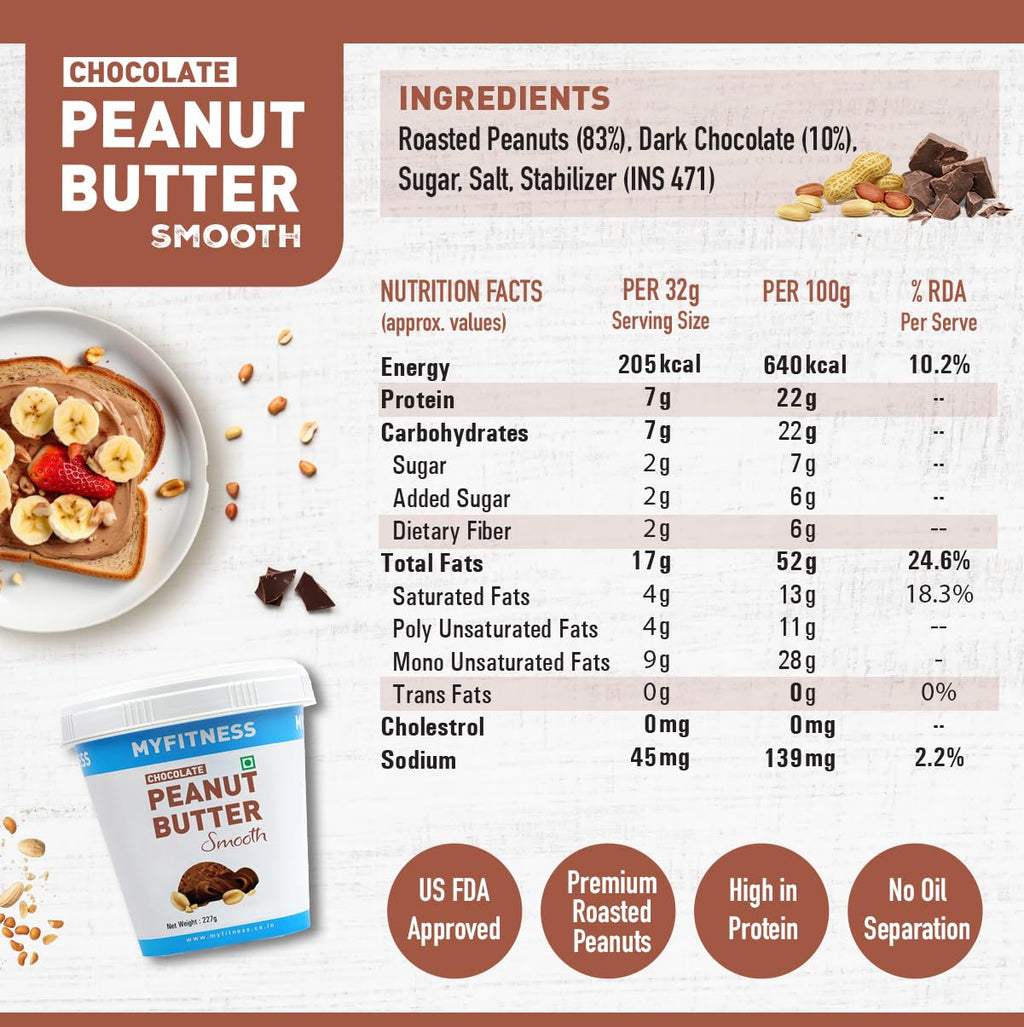 MYFITNESS Peanut Butter Chocolate Spread Smooth 227g  (Pack of 3)