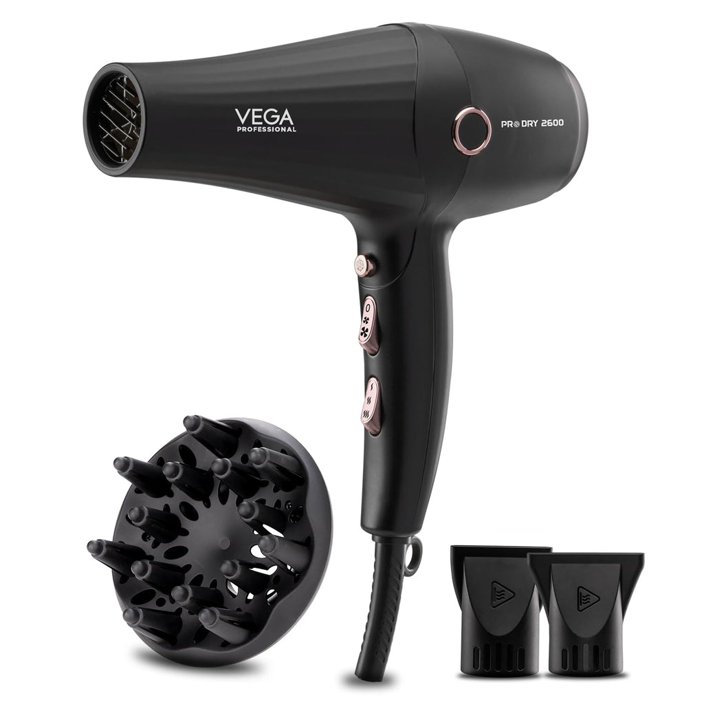 VEGA PROFESSIONAL Pro Dry 2600W Hair Dryer for Women & Men, Professional Blow Dryer with Combination of 4 Heat & 2 Speed Settings, Cool Shot Button & 16 Amp Plug, Salon Hair Styling at Home (VPPHD-11)