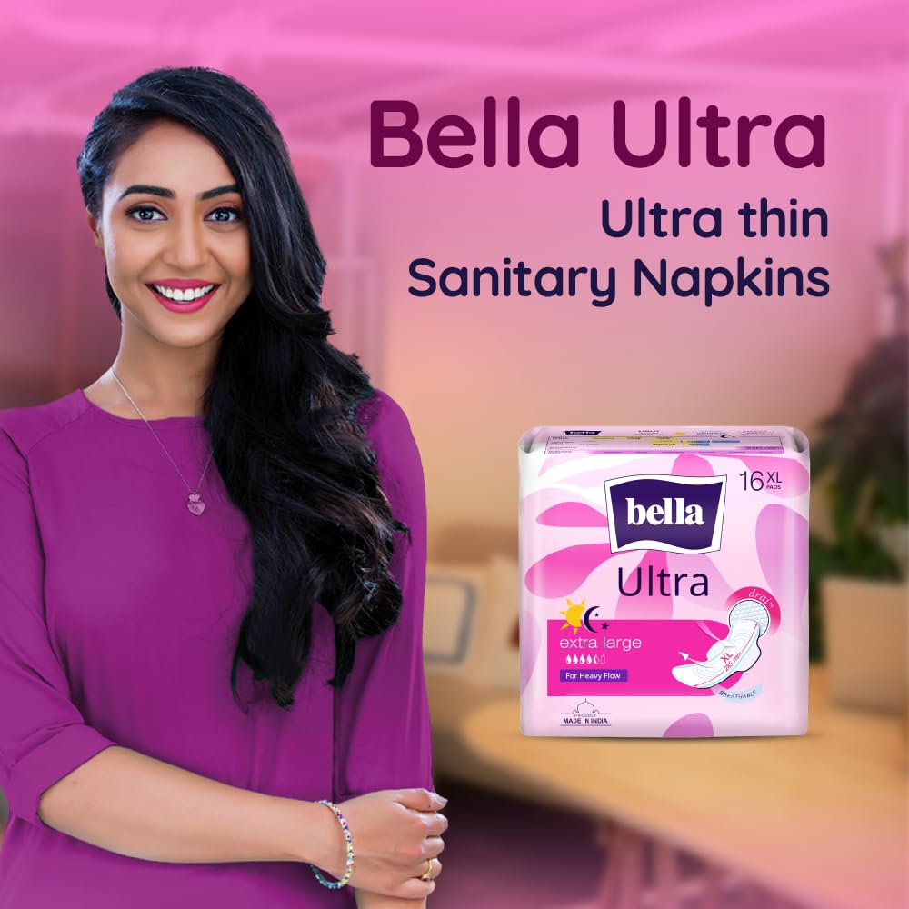 Bella Ultra Drai Sanitary Pads Women XL - 16pcs | Drai Topsheet | 28.5 Cm Long for Heavy Flow |Breathable | Lock Gel System | Green Edge System | Fast Absorption | Rash Free Period