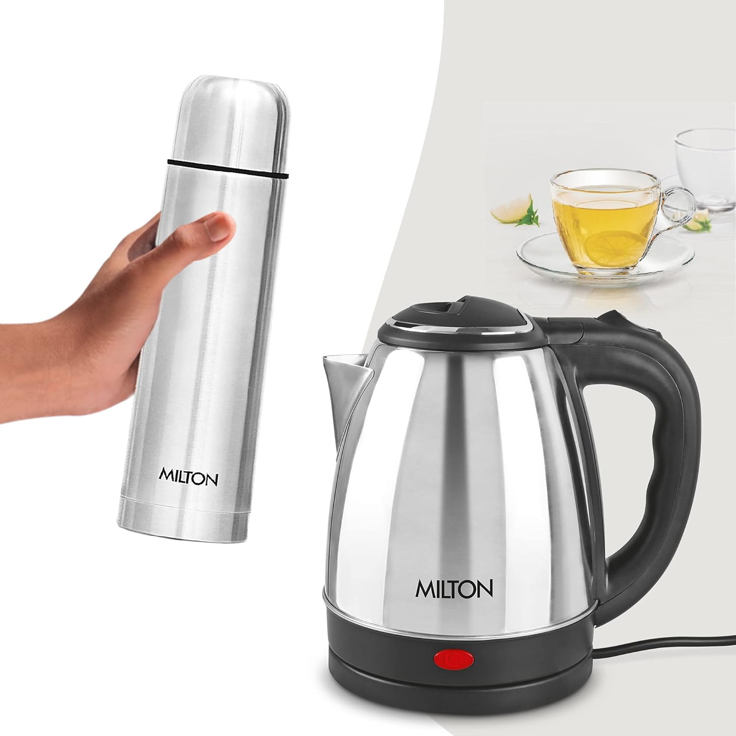 Milton Go Electro Stainless Steel Electric Kettle 2000+Flip Lid 1000 Thermosteel Bottle,Super Fast Boiling with 3X Protection Kettle-Overheat, Dry Boil Protection, Leak Proof, Vacuum Insulated, Silver