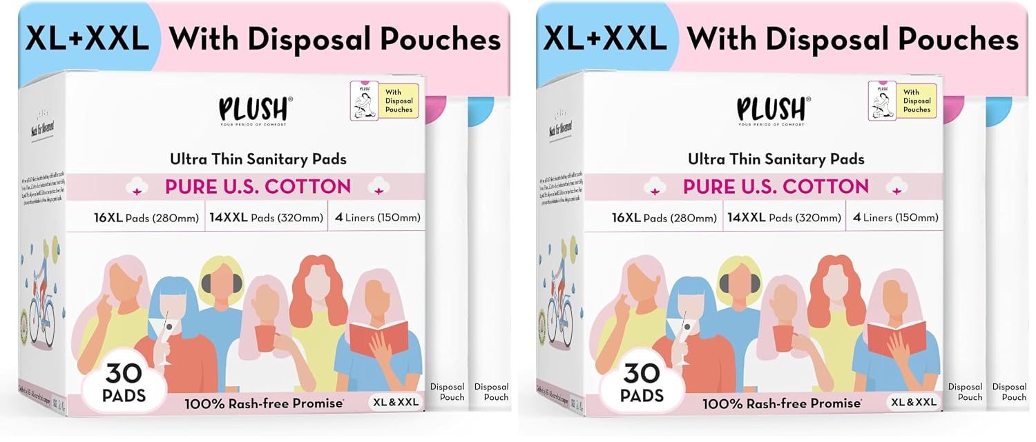 Plush Ultra-Thin Sanitary Pads For Women, 30 Cotton Sanitary Napkins | 14 Medium Flow XL + 16 Light Flow L + 4 Panty Liners For Rash Free Periods | Pure U.S. Cotton Pads