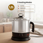 SOLARA Electric Kettle Multipurpose 1.5 Litre, 600 Watts, Stainless Steel Body with Glass Lid, 3 Boiling Modes, for Hot Water, Milk, Tea, Coffee, Cooking Oats, Noodles, Soup, Egg Boiler Machine-Black