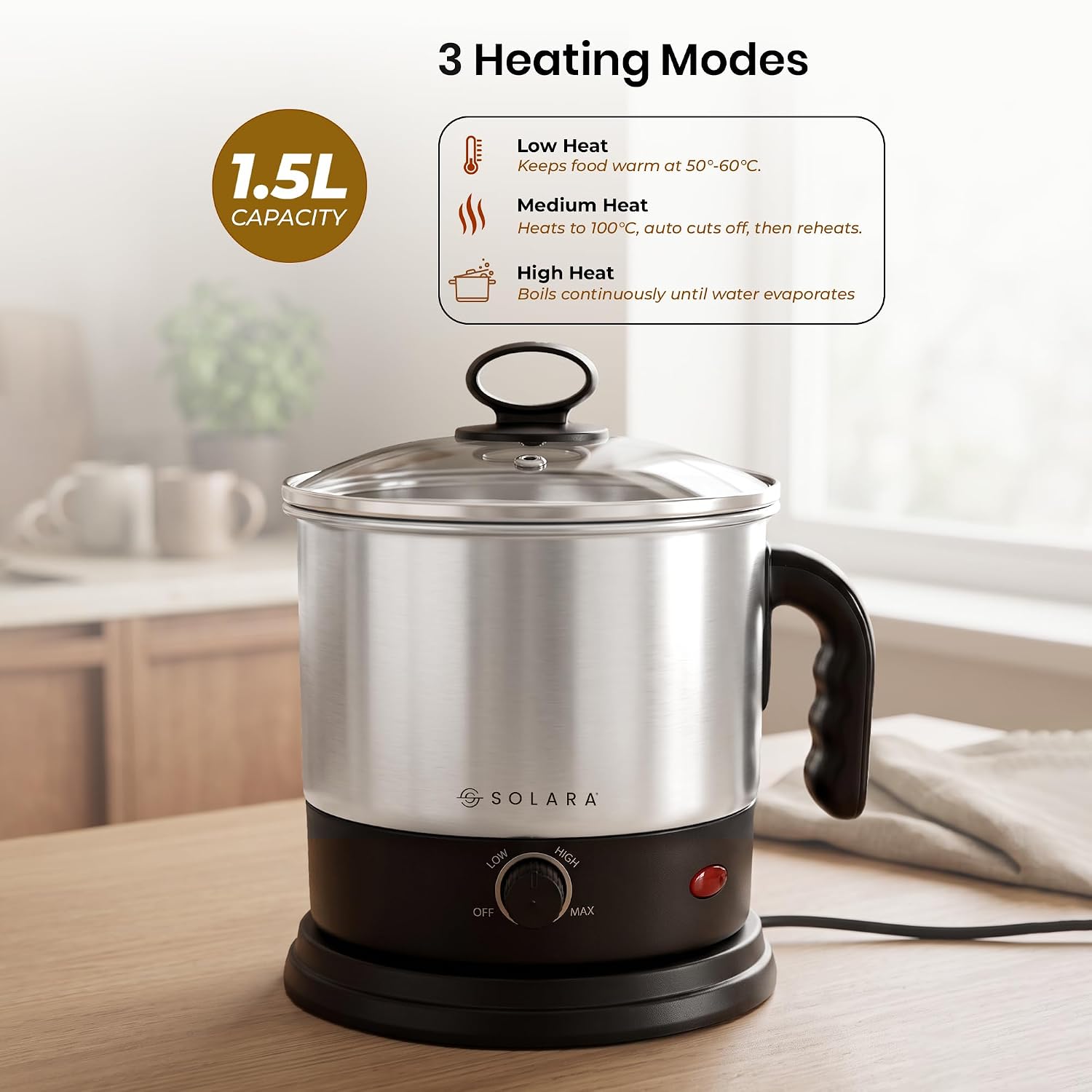 SOLARA Electric Kettle Multipurpose 1.5 Litre, 600 Watts, Stainless Steel Body with Glass Lid, 3 Boiling Modes, for Hot Water, Milk, Tea, Coffee, Cooking Oats, Noodles, Soup, Egg Boiler Machine-Black