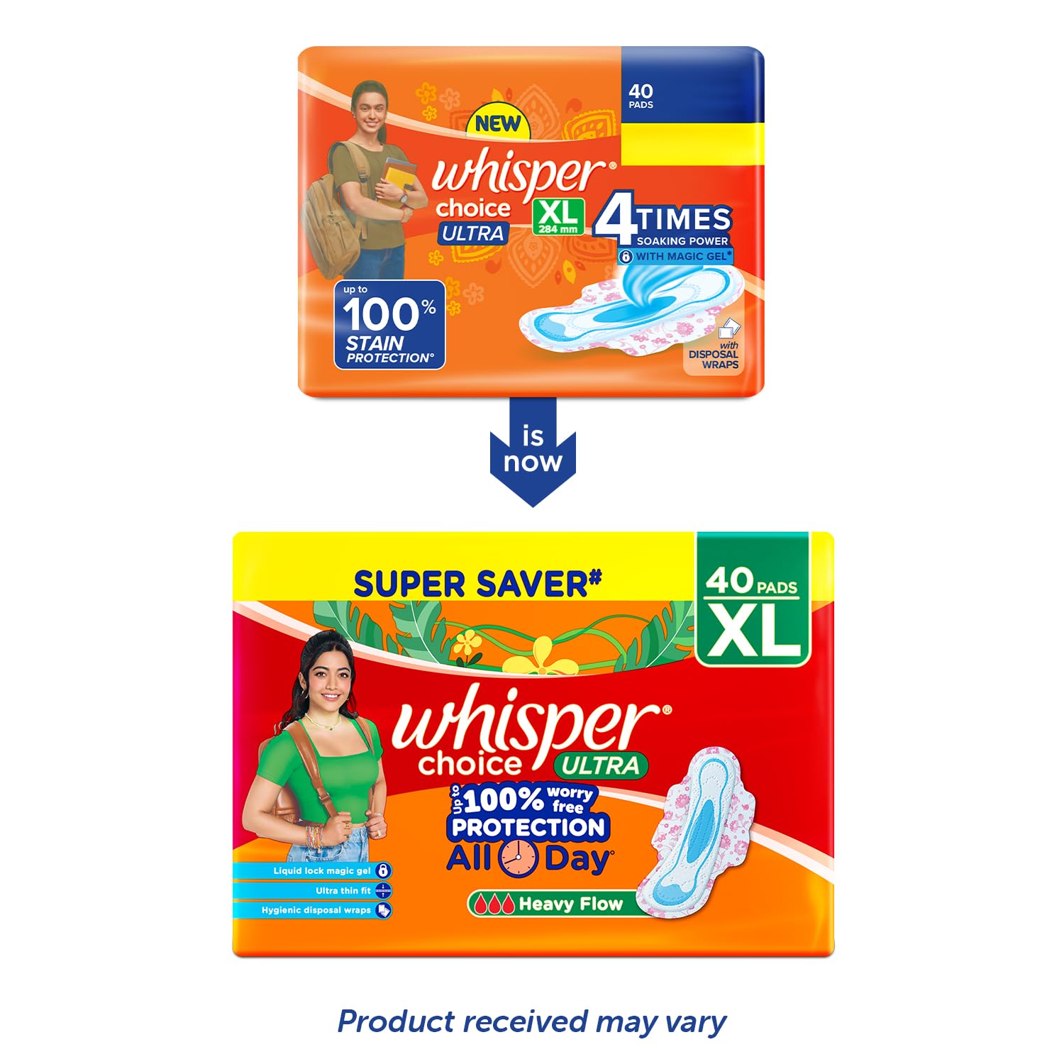 Whisper Choice Sanitary Pads with Wings for Women, XL, 40s Napkins