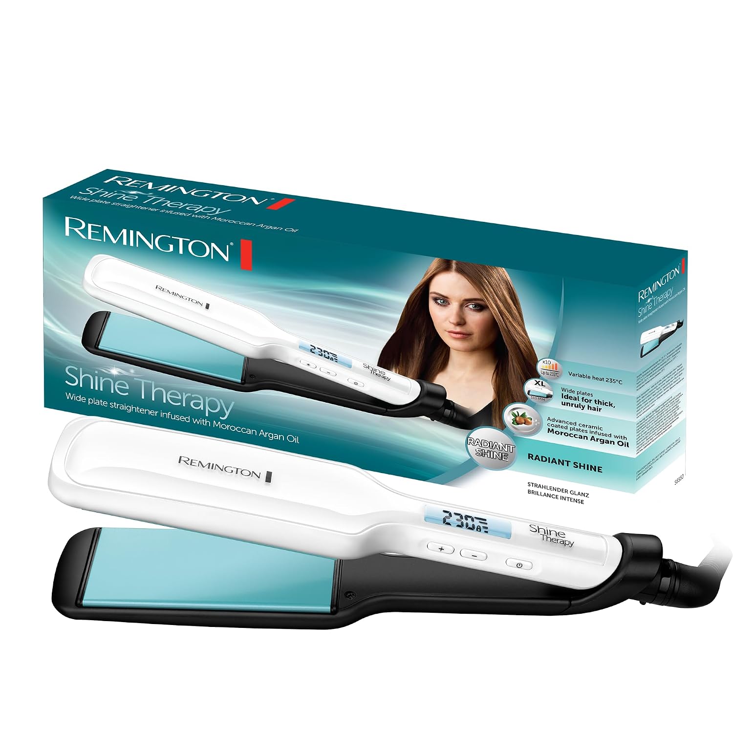 Remington Hair Straightener Shine Therapy Wide Styling Plates (Wide Plates, With Moroccan Argan Oil And Vitamin E, For Long, Thick Hair) S8550