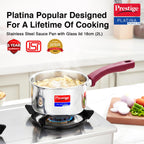 Prestige Platina Popular Stainless Steel Gas and Induction Compatible Sauce Pan with Glass Lid, 180 mm