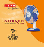 USHA Striker Plus Table Fan | 400mm Sweep | 2100 RPM High-Speed Air Delivery | 100% Copper Motor |Jerk-Free Uniform Oscillation |Aerodynamic Blade Design |Anti-Rust Protection | 2-Year Warranty |Blue
