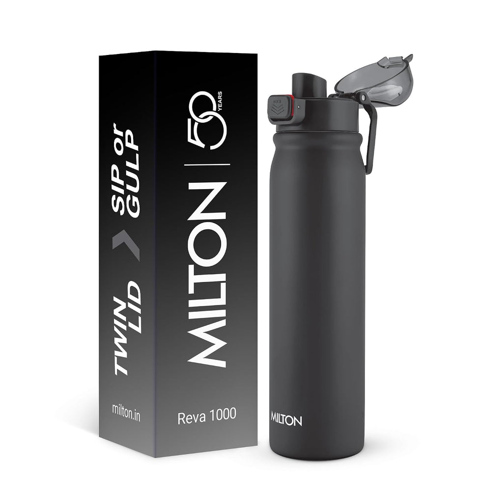 MILTON Reva 1000 ISI Certified Stainless Steel Water Bottle with Twin Lid Sip or Gulp, 1 Litre | Single Wall, BPA-Free, Leakproof | Sturdy Handle | Ideal for Home, Office, Gym & Travel, Black