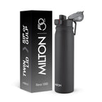 MILTON Reva 1000 ISI Certified Stainless Steel Water Bottle with Twin Lid Sip or Gulp, 1 Litre | Single Wall, BPA-Free, Leakproof | Sturdy Handle | Ideal for Home, Office, Gym & Travel, Black