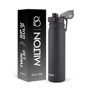 MILTON Reva 1000 ISI Certified Stainless Steel Water Bottle with Twin Lid Sip or Gulp, 1 Litre | Single Wall, BPA-Free, Leakproof | Sturdy Handle | Ideal for Home, Office, Gym & Travel, Black