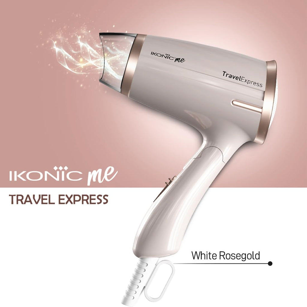Ikonic Travel Express Foldable Hair Dryer Adustable Two Speed Setting Fast Drying 1400Watt, Compact Design Travel Friendly, All Hair Type, For Men & Women, White