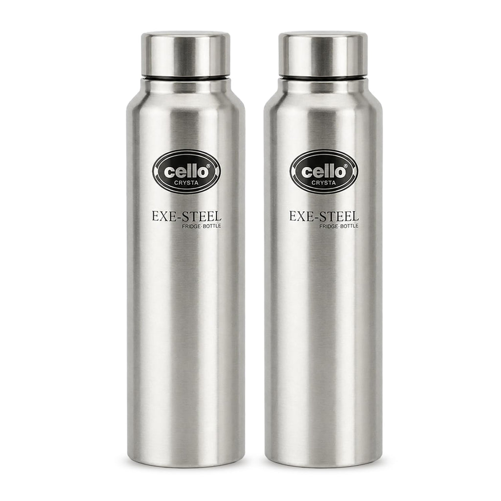 CELLO Crysta Stainless Steel Water Bottle for Daily Use Set of 2 Pcs Silver, 1000 ml | Single Wall, Rustproof & Leakproof, Fridge Safe | Stainless Steel Water Bottle for Kids, Office, Travel, Picnic