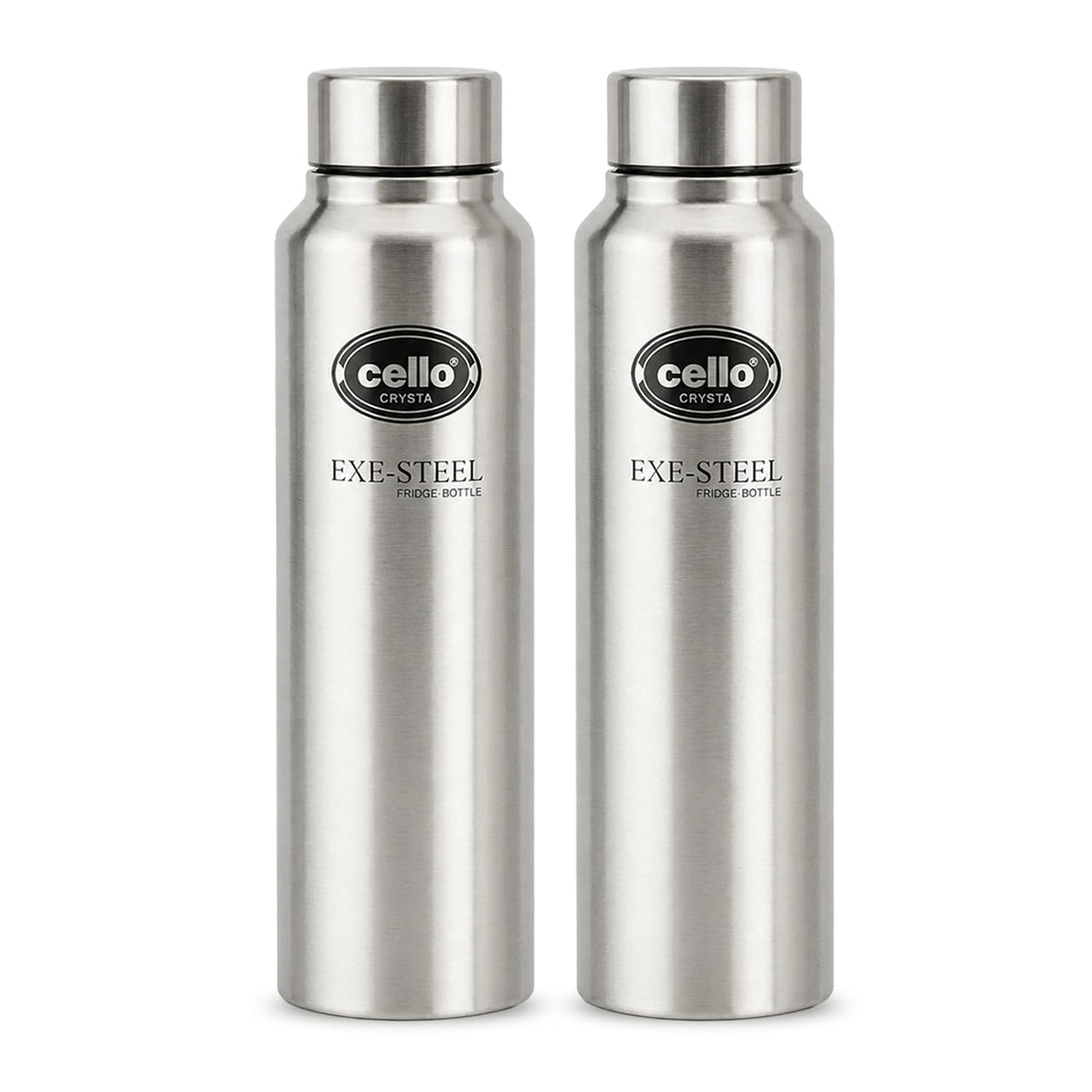 CELLO Crysta Stainless Steel Water Bottle for Daily Use Set of 2 Pcs Silver, 1000 ml | Single Wall, Rustproof & Leakproof, Fridge Safe | Stainless Steel Water Bottle for Kids, Office, Travel, Picnic