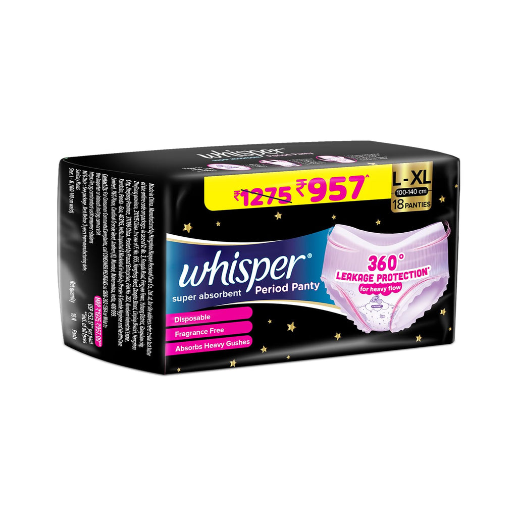 Whisper Super Absorbent Period Panty, 18 L-XL Pants, 360 Degree Leakage Protection* for Heavy Flow, Panty like Fit, Full back Coverage, Absorbs Heavy Gushes, Silky Soft, Comfortable Feel