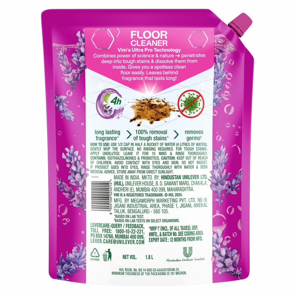 Vim Floor Cleaner: 1.8L | French Lavender with Sage | 100% Removal of stains for complete clean floors & long lasting fragrance