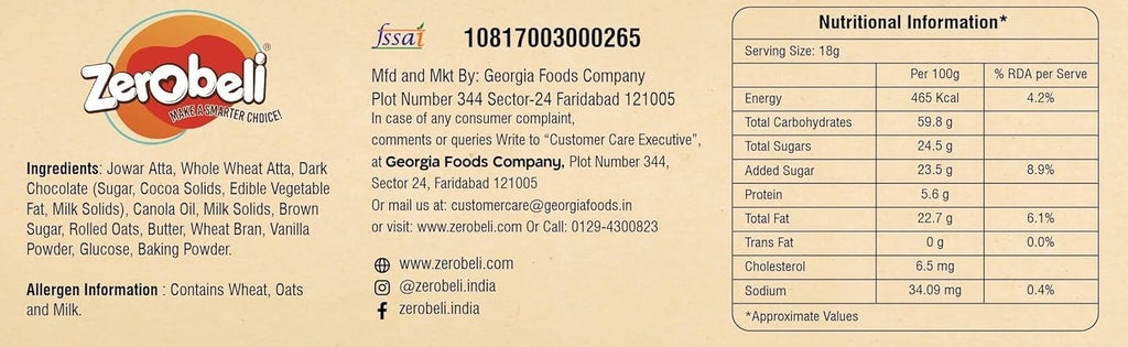 Zerobeli Jowar Choco Chip Cookies | 250g | Made with Jowar,