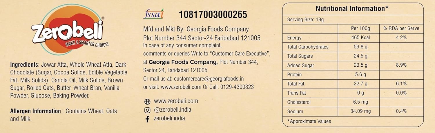 Zerobeli Jowar Choco Chip Cookies | 250g | Made with Jowar,