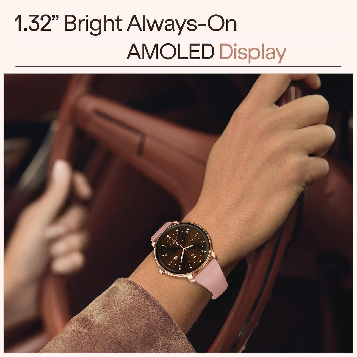 boAt Chrome Iris Fashion Smart Watch for Women - Elegant Ultra-Sleek Dial, Light-Weight Metal Body, 1.32" AMOLED Display, 1000 Nits, AOD, Female Wellness Tracking Watch for Woman (Rose Pink)