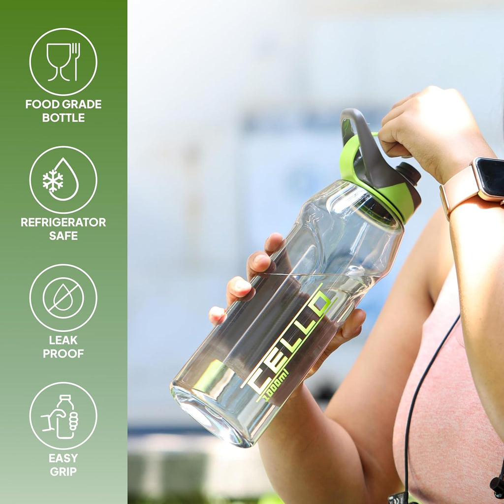 CELLO Fitbe Flip Cap Water Bottle For Daily Use 1000 ml, Black Green | BPA Free, Reusable & Unbreakable Leakproof Lightweight Easy to Carry with Handle PET Water Bottle For Gym Office Indoor & Outdoor