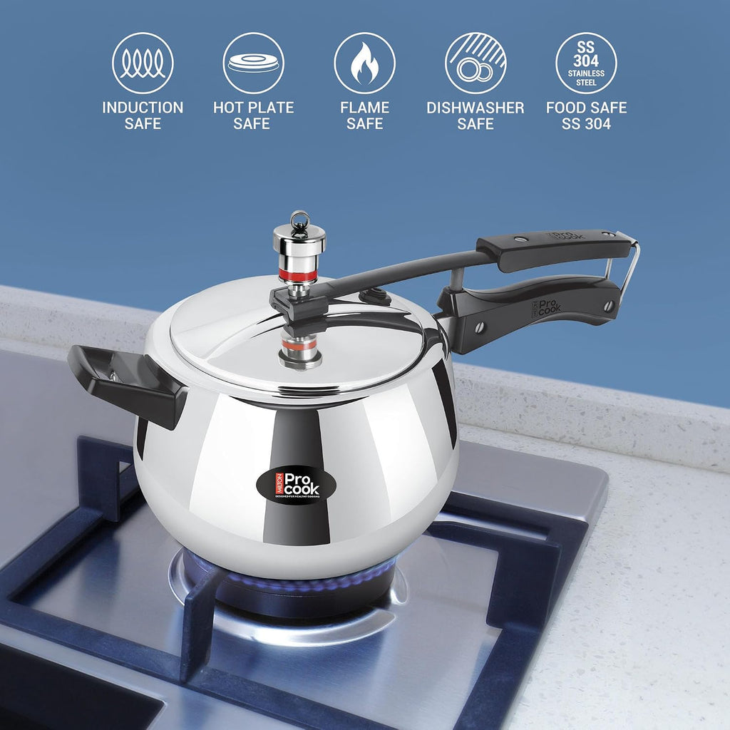 Milton Pro Cook Induction Cookware & Gas Stove Friendly Triply Stainless Steel Curve Pressure Cooker with Inner Lid 5 Litre | Gasket Release System | Hot Plate & Flame Safe | 5 Year Warranty | Silver