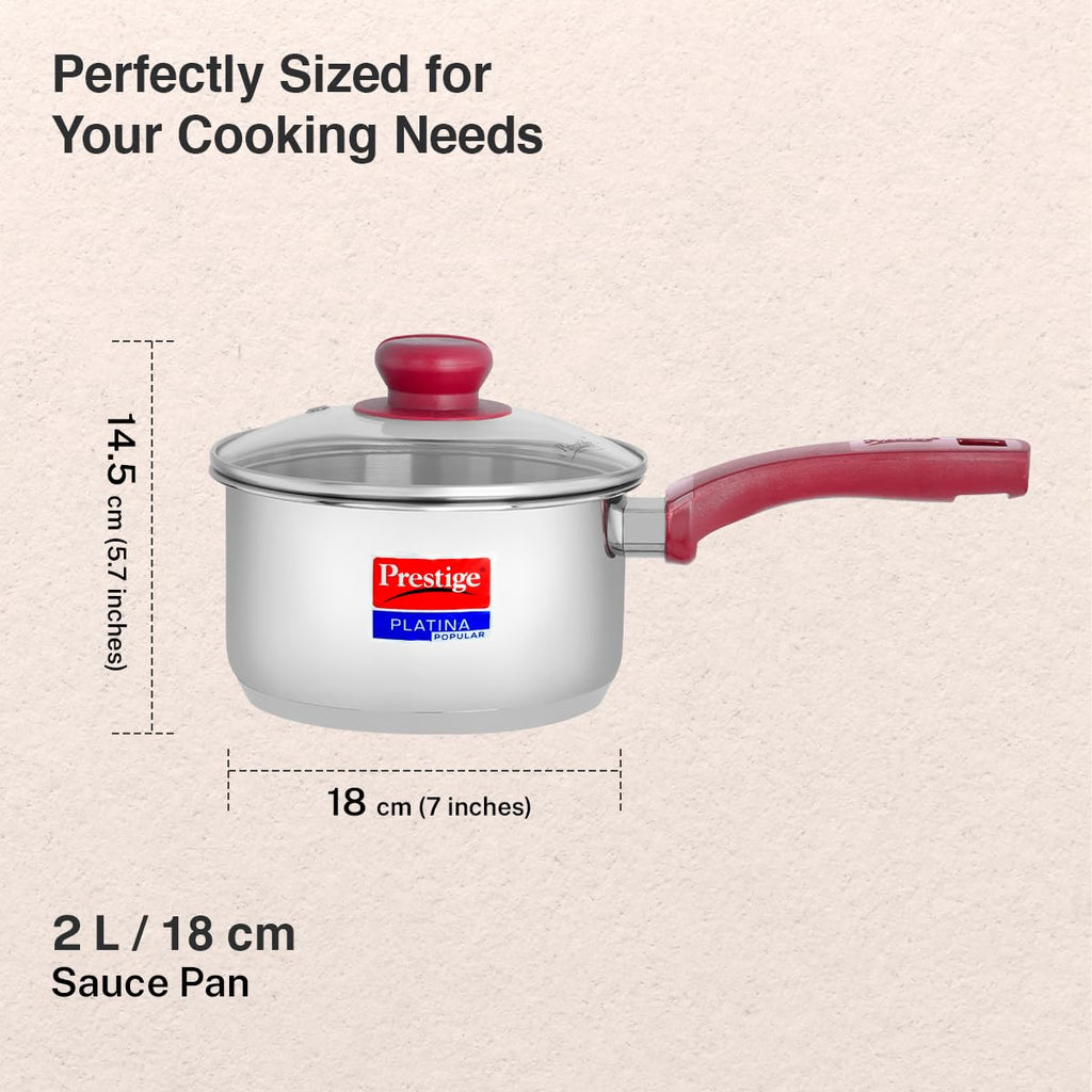 Prestige Platina Popular Stainless Steel Gas and Induction Compatible Sauce Pan with Glass Lid, 180 mm