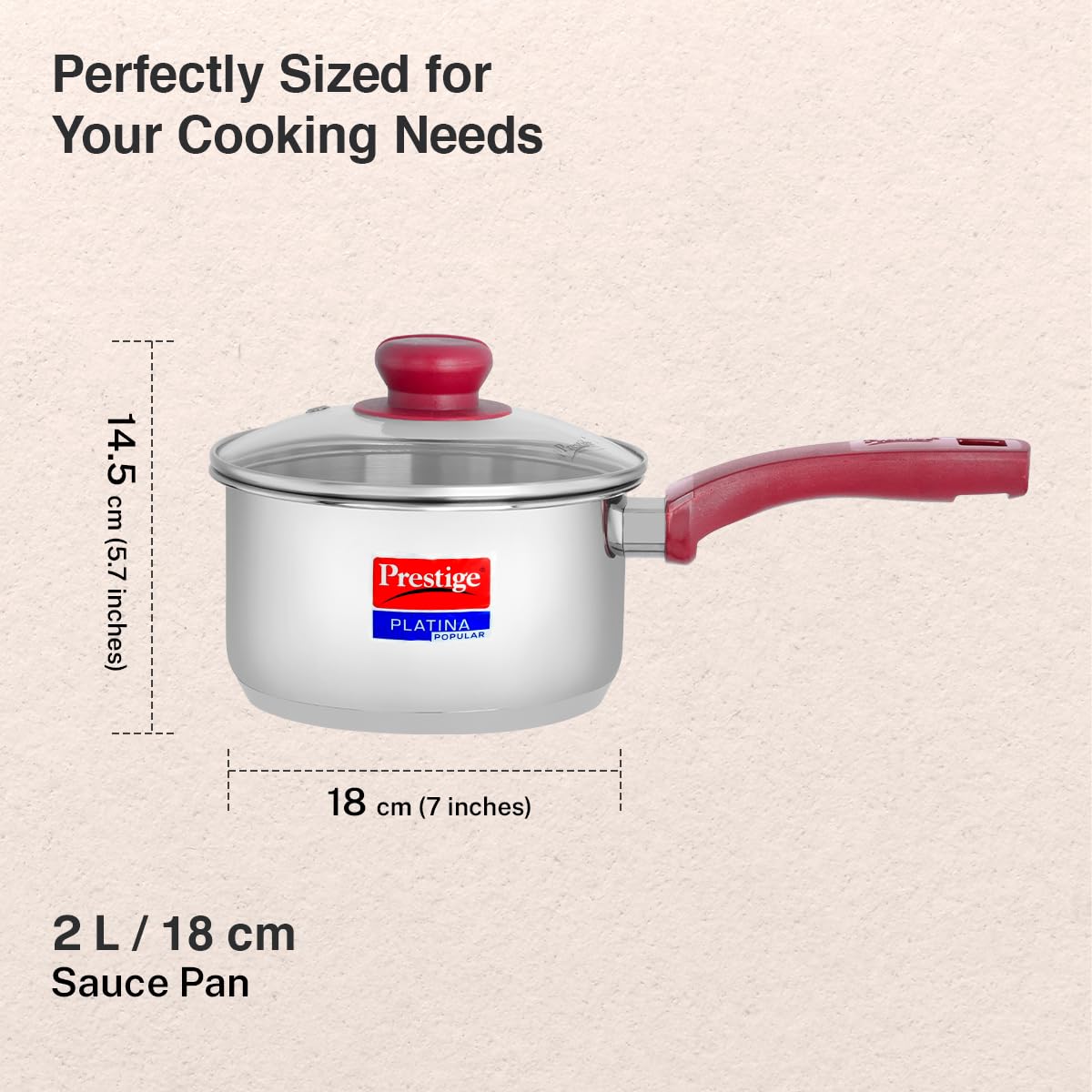 Prestige Platina Popular Stainless Steel Gas and Induction Compatible Sauce Pan with Glass Lid, 180 mm