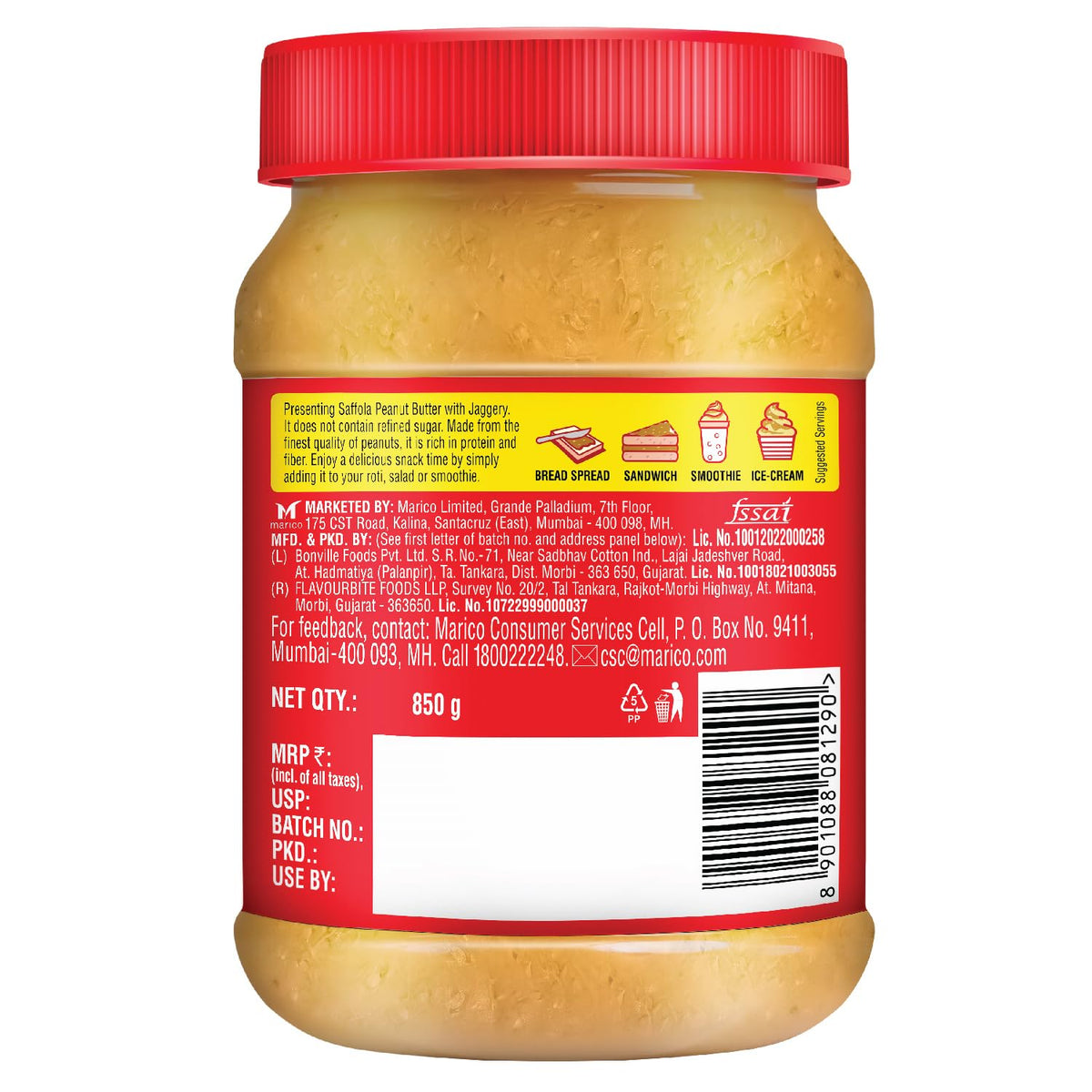 Saffola Peanut Butter with Jaggery, Crunchy 850 gm (Pack of 2)