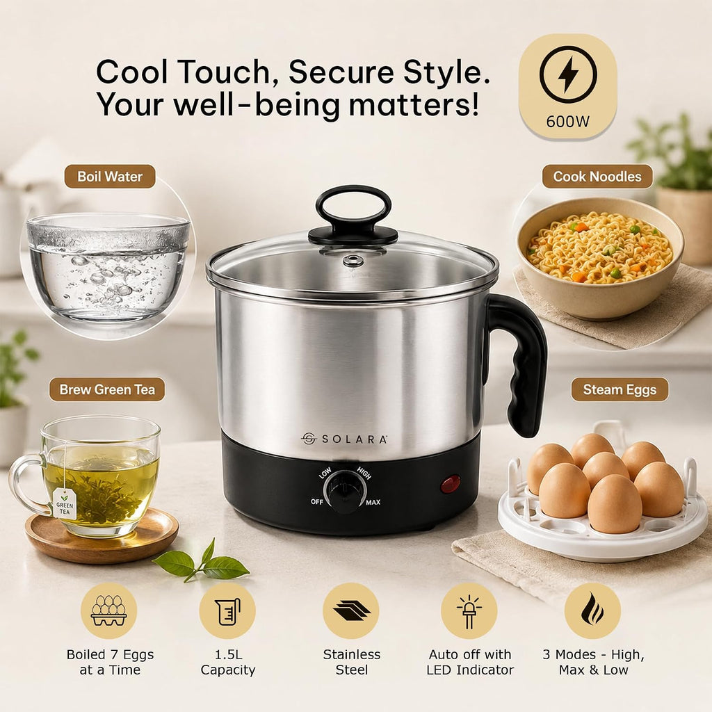 SOLARA Electric Kettle Multipurpose 1.5 Litre, 600 Watts, Stainless Steel Body with Glass Lid, 3 Boiling Modes, for Hot Water, Milk, Tea, Coffee, Cooking Oats, Noodles, Soup, Egg Boiler Machine-Black