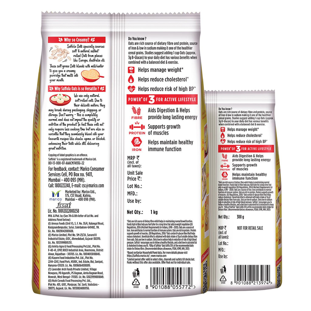 Saffola Oats, 1kg + 300g, 13g High Protein, 10g High Fibre | Instant Rolled Oats | Soft and Creamy | Helps manage weight