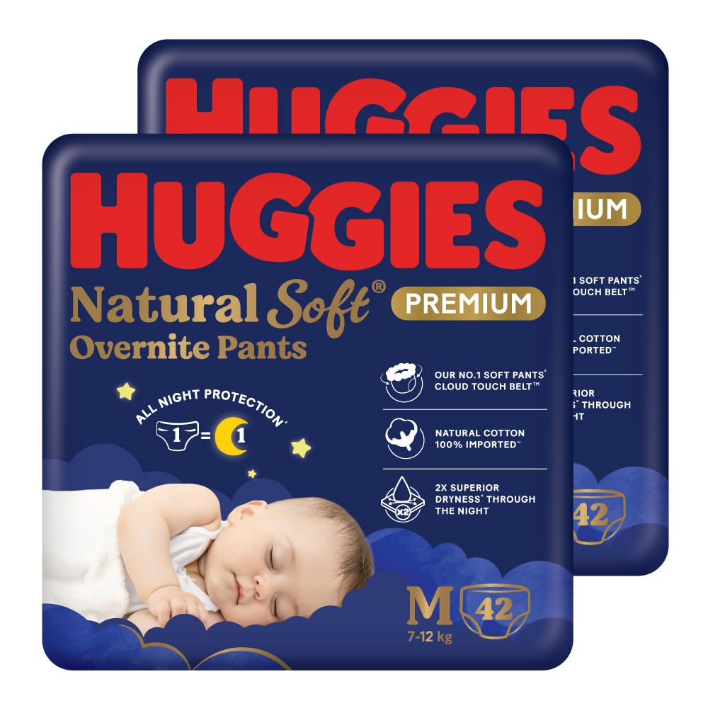 Huggies Natural Soft Overnite Diaper Pants| Premium Pant Style Baby Diapers Medium Size (M Size | 7-12 Kgs), 42 count| Keeps baby dry all night with cloud softness all over (Pack of 2)