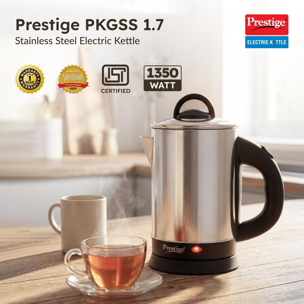 Prestige 1.7L PKGSS Stainless Steel Electric Kettle | 1350 Watts | Glass Lid with heat resistent handle | Single Touch lid locking |Automatic Cut Off | Silver