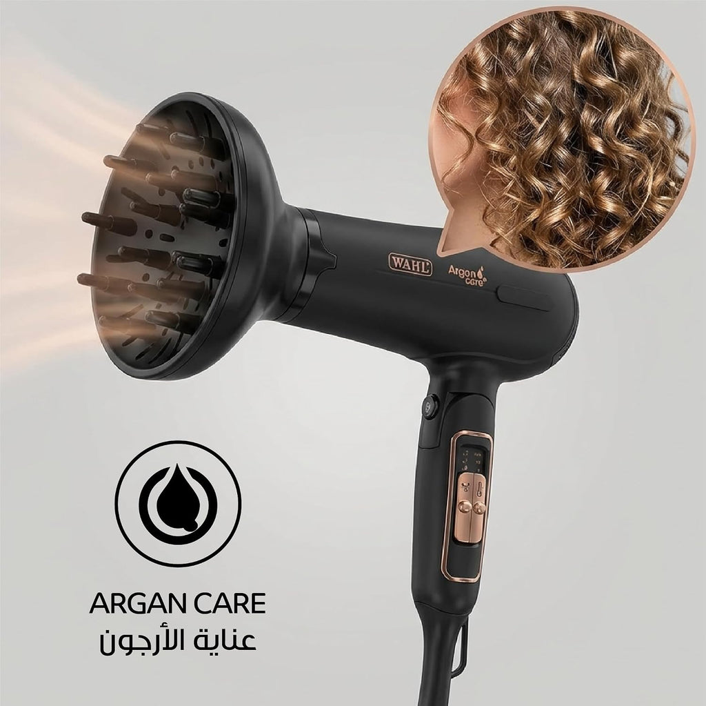 Wahl India WCHD8-1324 Argan Oil Infused Hair Dryer; 3 Heat & 2 Speed Settings; 2200 Watts, 2 attachments- Concentrator and diffuser, Black