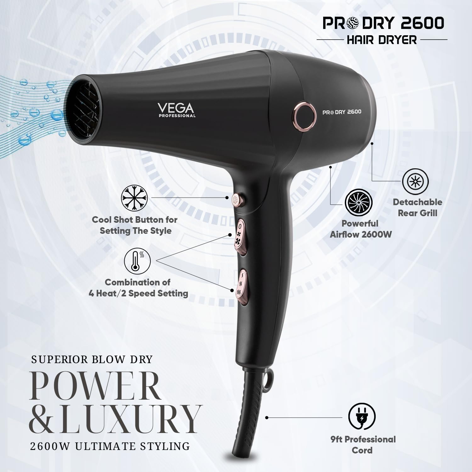 VEGA PROFESSIONAL Pro Dry 2600W Hair Dryer for Women & Men, Professional Blow Dryer with Combination of 4 Heat & 2 Speed Settings, Cool Shot Button & 16 Amp Plug, Salon Hair Styling at Home (VPPHD-11)