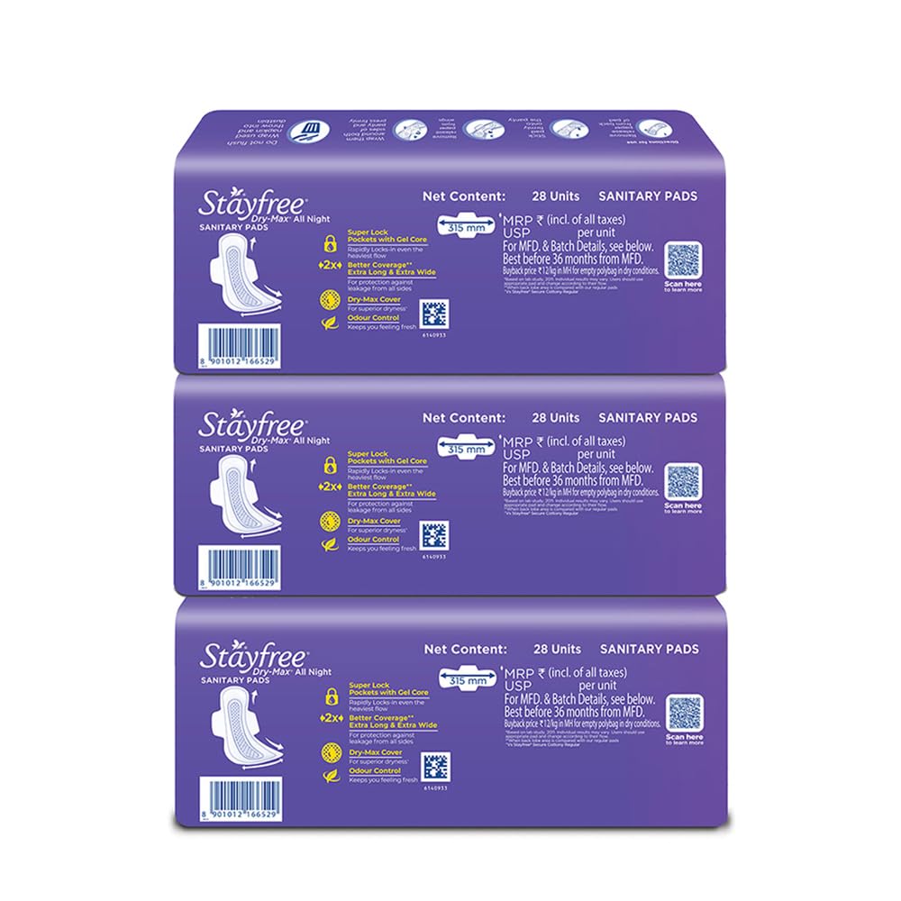 Stayfree Dry Max All Night XXL Dry Cover Sanitary Pads For Women Combo, 28s x 3 (84 Pads)