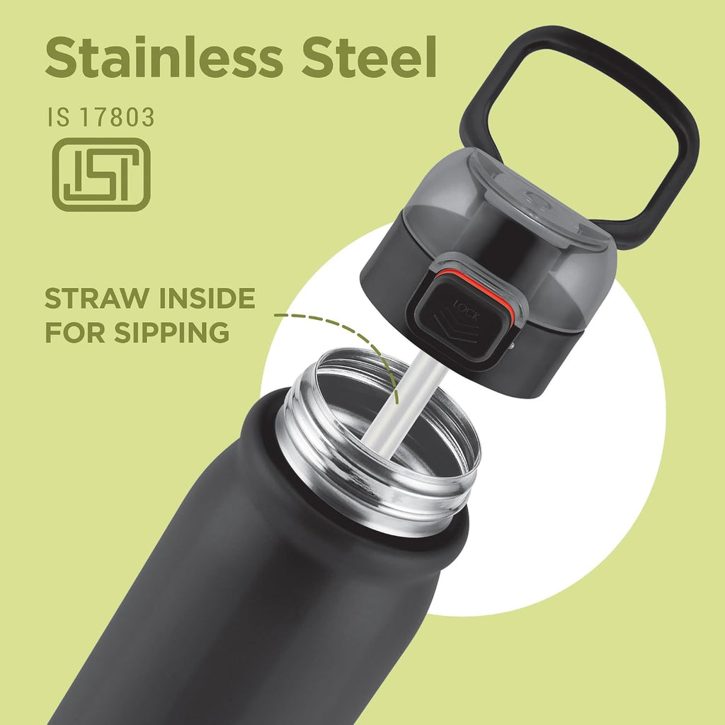 MILTON Reva 1000 ISI Certified Stainless Steel Water Bottle with Twin Lid Sip or Gulp, 1 Litre | Single Wall, BPA-Free, Leakproof | Sturdy Handle | Ideal for Home, Office, Gym & Travel, Black