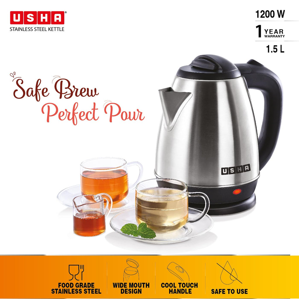 Usha Electric Kettle 1200 Watts | 1.5 Litres| Cool touch handle | Wider Mouth | Food-grade stainless steel | Safety with auto cut-off function (Silver & Black)