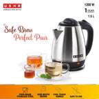 Usha Electric Kettle 1200 Watts | 1.5 Litres| Cool touch handle | Wider Mouth | Food-grade stainless steel | Safety with auto cut-off function (Silver & Black)