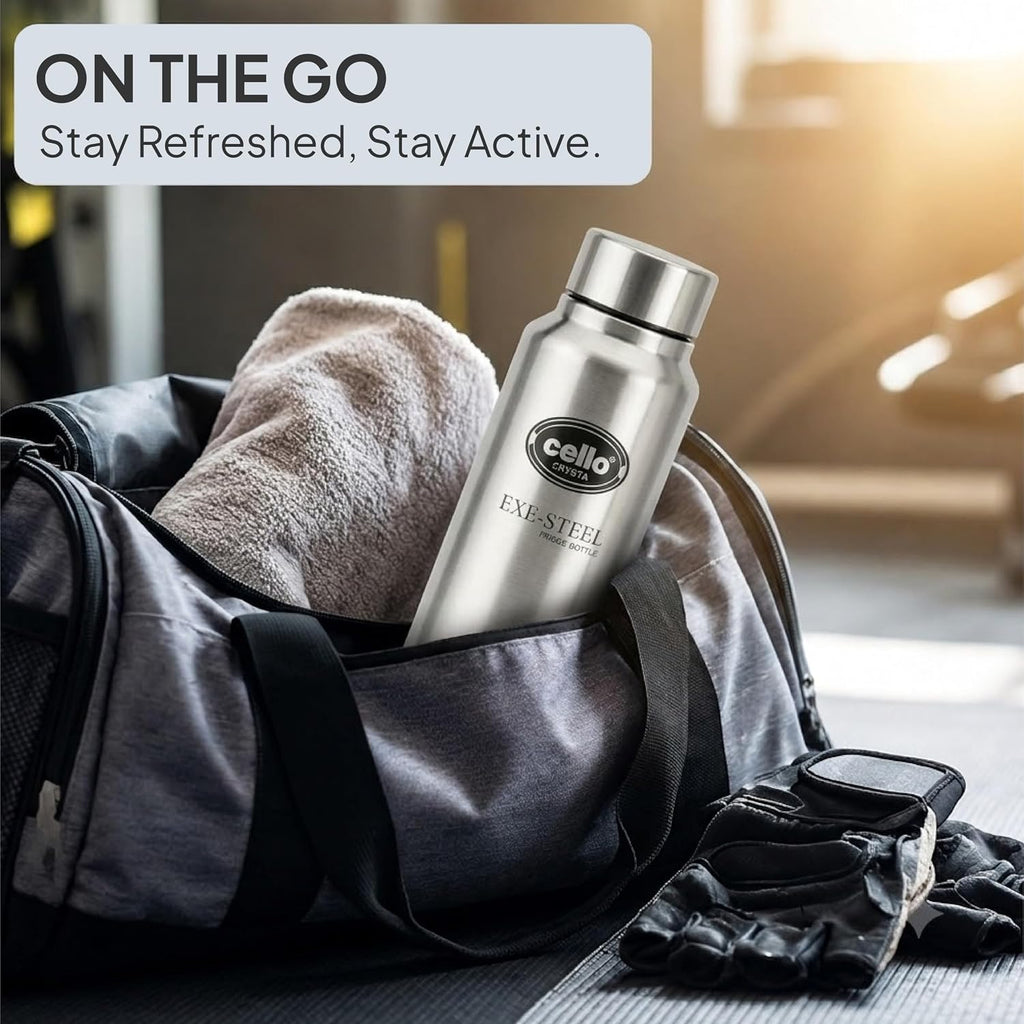 CELLO Crysta Stainless Steel Water Bottle for Daily Use Set of 3 Pcs Silver, 1000 ml | Single Wall, Rustproof & Leakproof, Fridge Safe | Stainless Steel Water Bottle for Kids, Office, Travel, Picnic